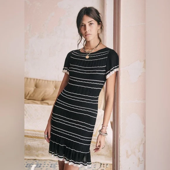NWT Sezane Brunella Knit Mini Dress Black White Stripe | size XS - Picture 3 of 11